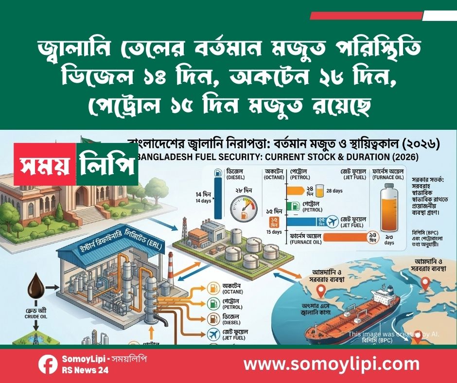জ্বালানি তেলের বর্তমান মজুত পরিস্থিতি ডিজেল ১৪ দিন, অকটেন ২৮ দিন, পেট্রোল ১৫ দিন মজুত রয়েছে (1)